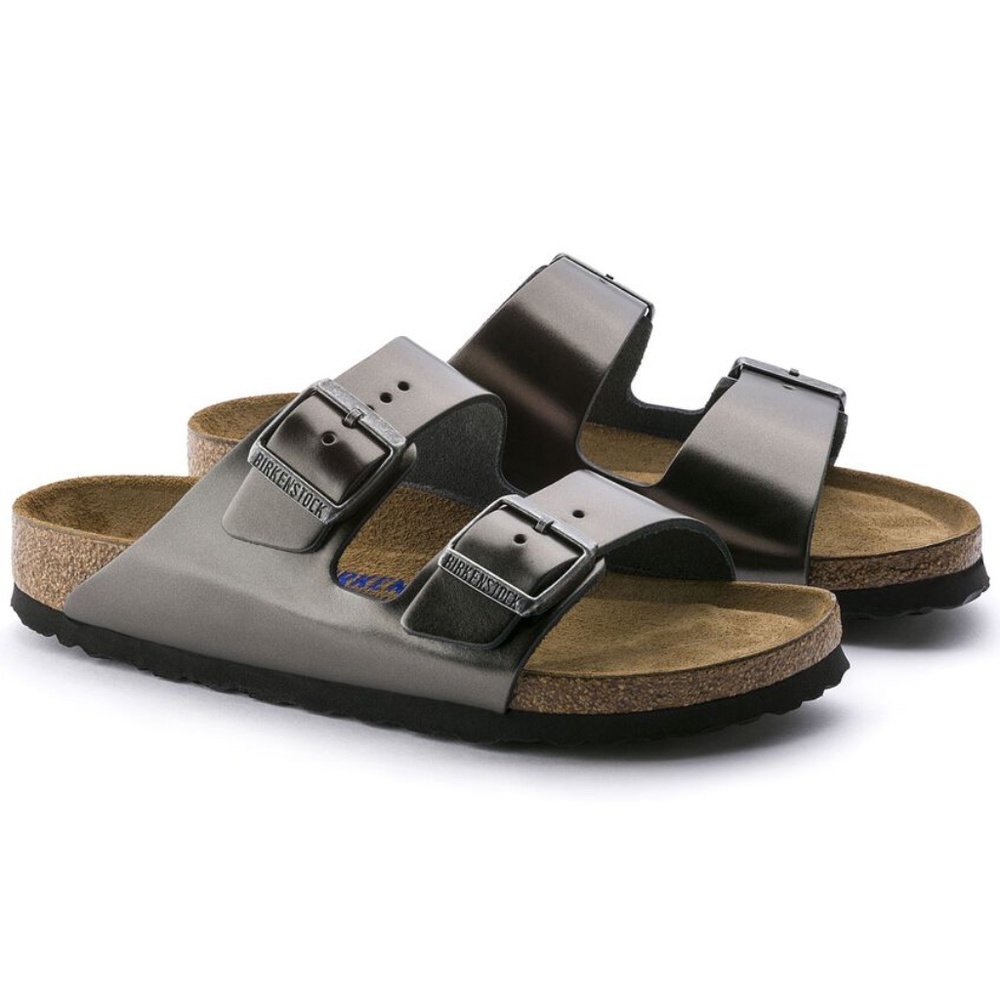 BIRKENSTOCK Arizona Soft Footbed Leather Sandals Metallic Anthracite Size 37 M N